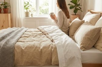 Femme sortant de son lit et tenant une tasse à café