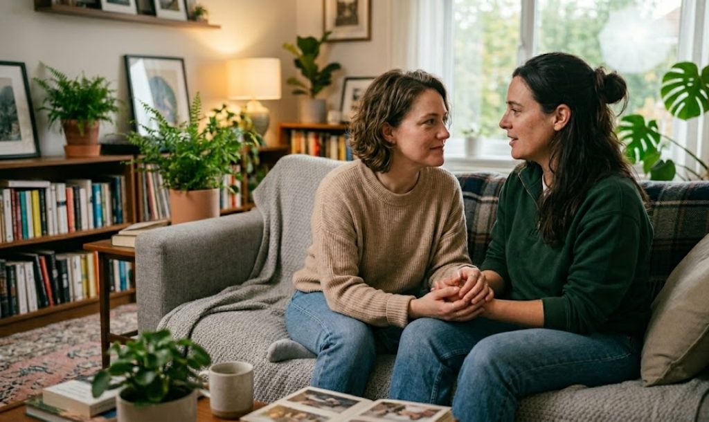 2 femmes discutant sur leur canapé